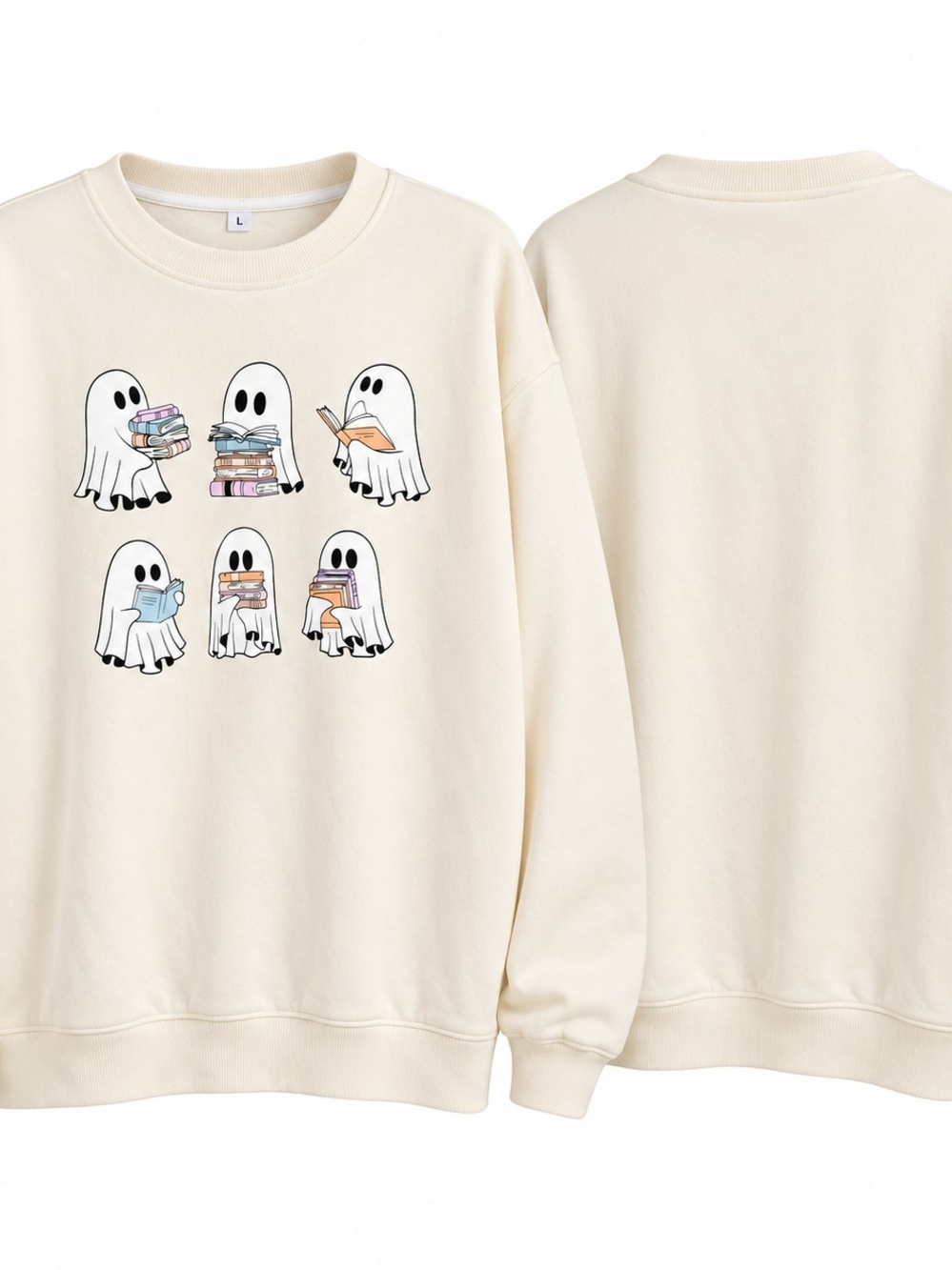 Cream Ghost Book Club Sweatshirt Large Cottagecore Bookish Halloween Casual